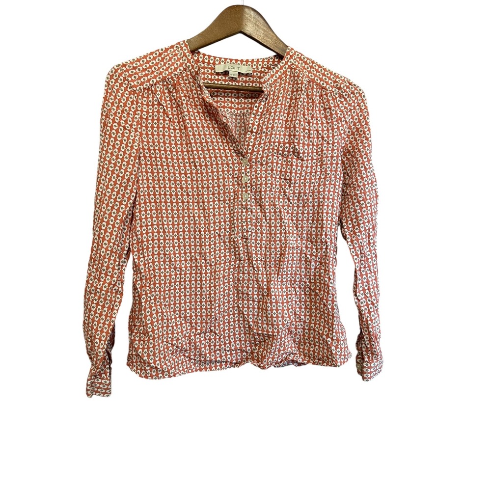 LOFT Ann‎ Taylor Petites Blouse Small Button Up Geometric Rust Career Casual